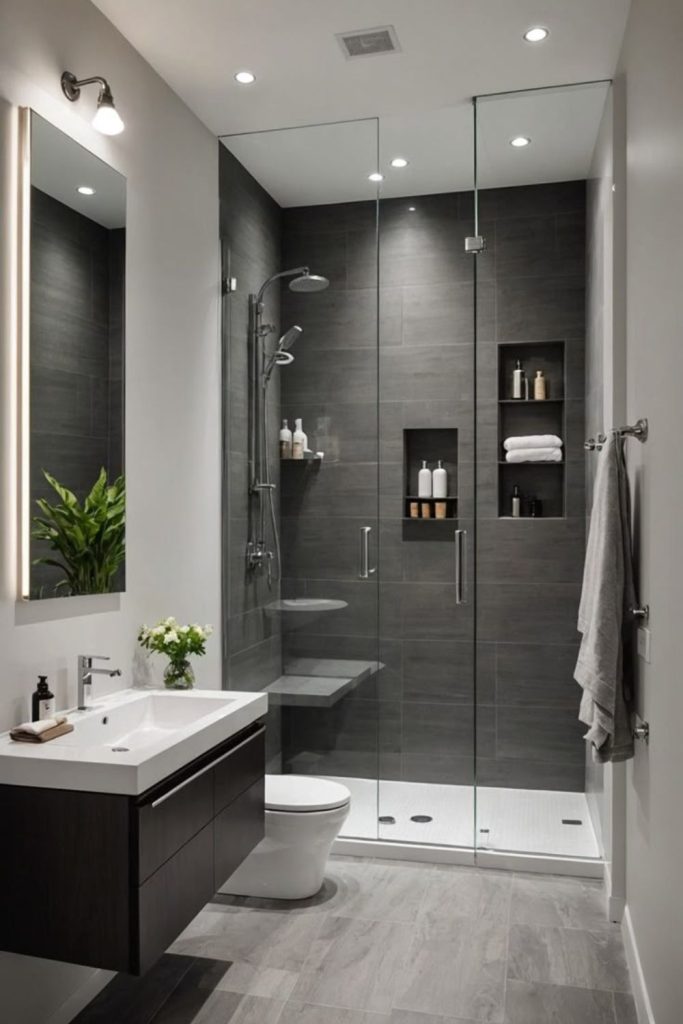 Sleek black and white compact bathroom