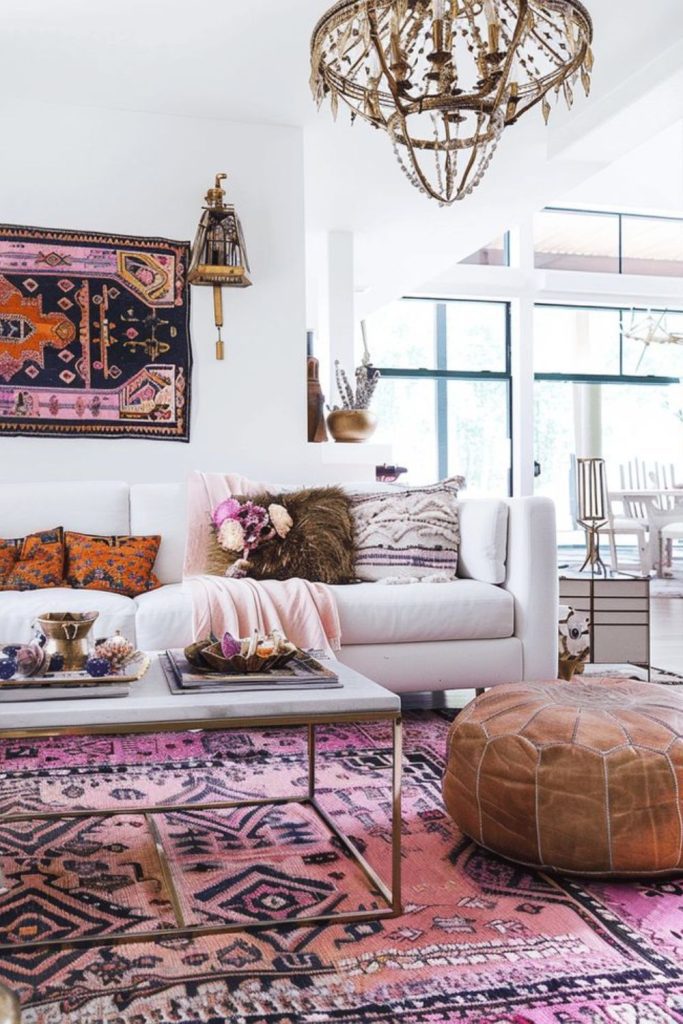 Patterned rugs velvet poufs abstract paintings