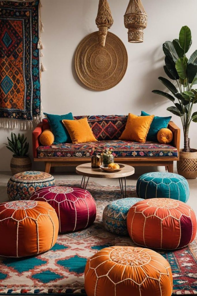 Patterned rugs velvet poufs brass accents