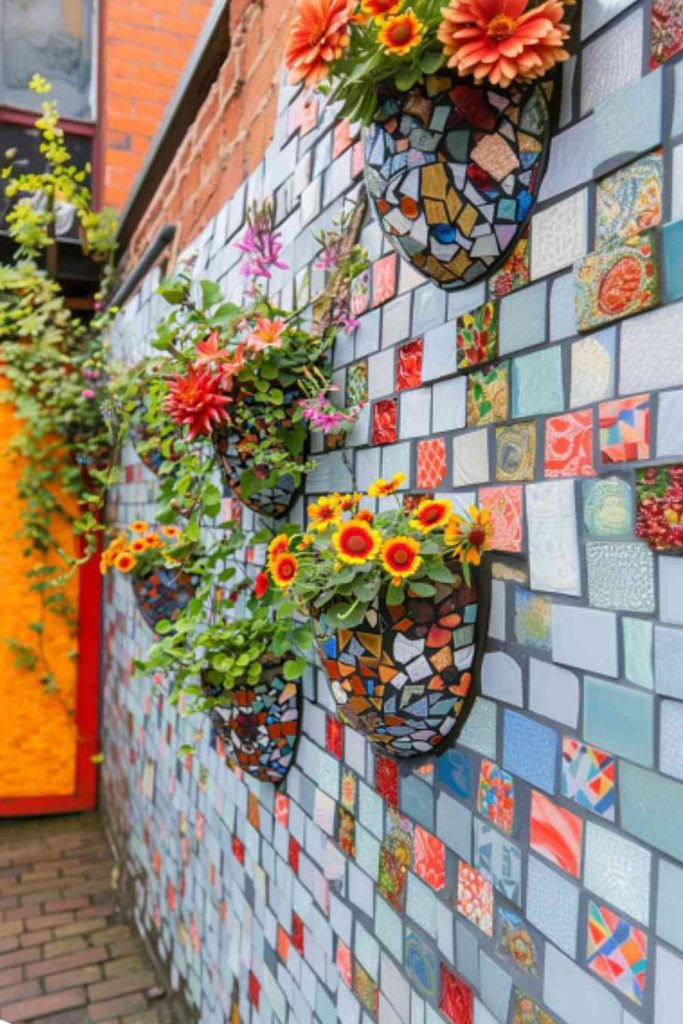 Colorful mosaic accent wall with greenery