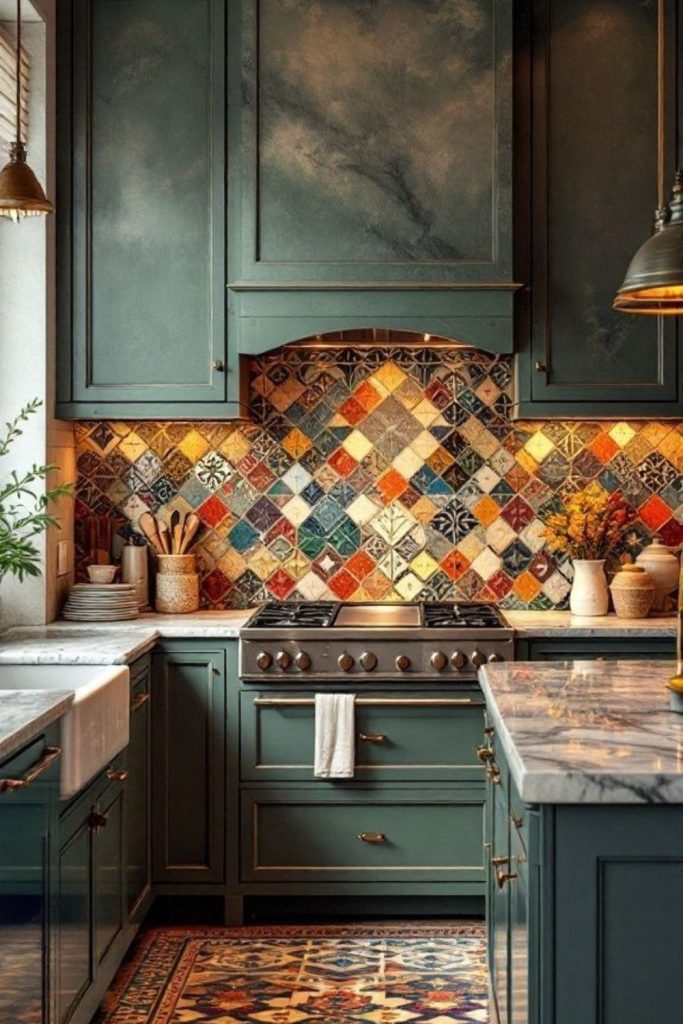 Vibrant mosaic countertop with scattered patterns