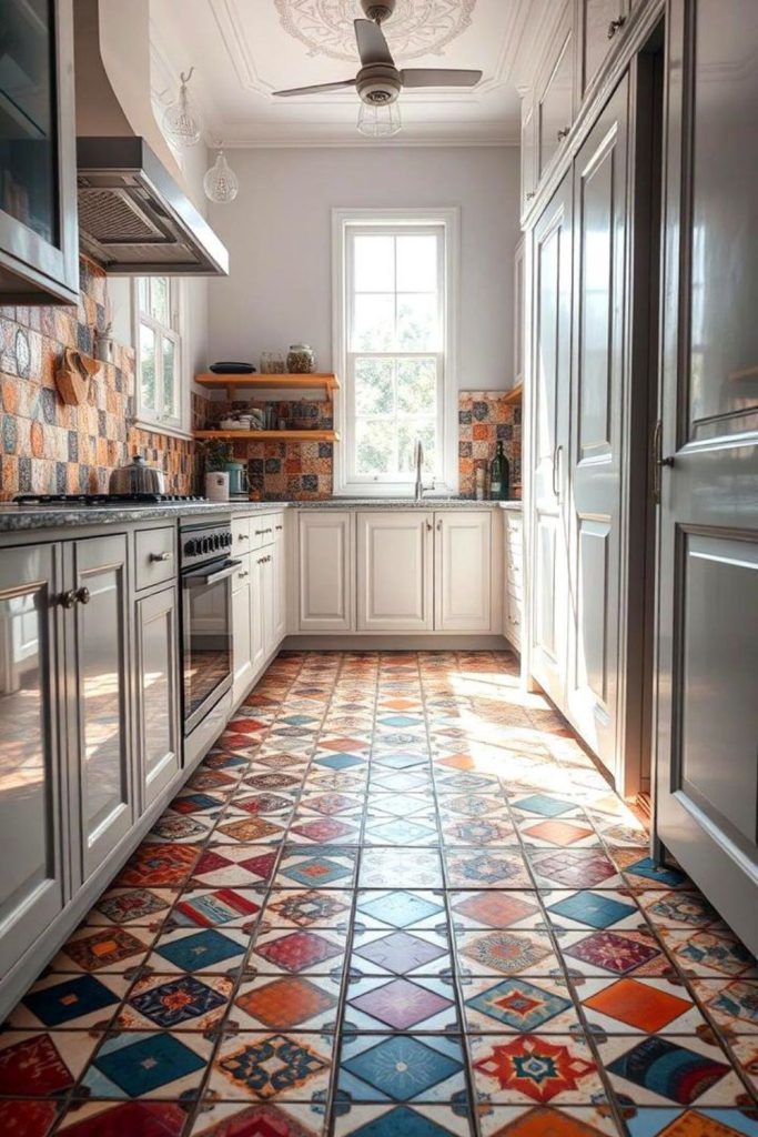 Multicolored tiles creating abstract patterned floor illusion.
