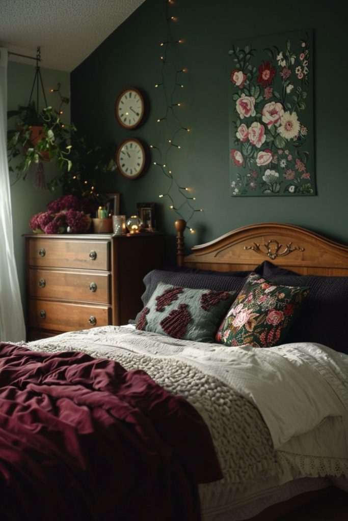 Moss berry toned cozy bedroom
