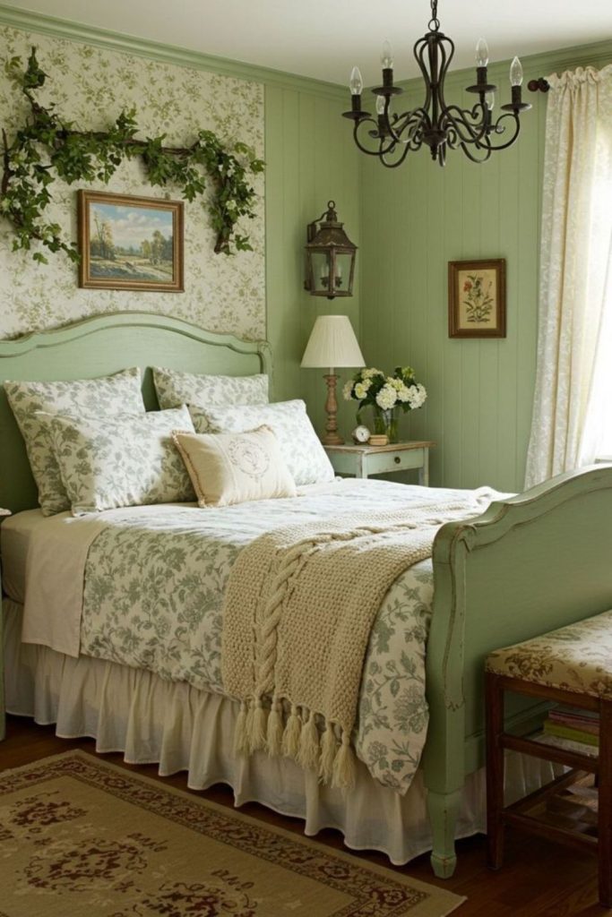 Sage cottage bed with ivy window