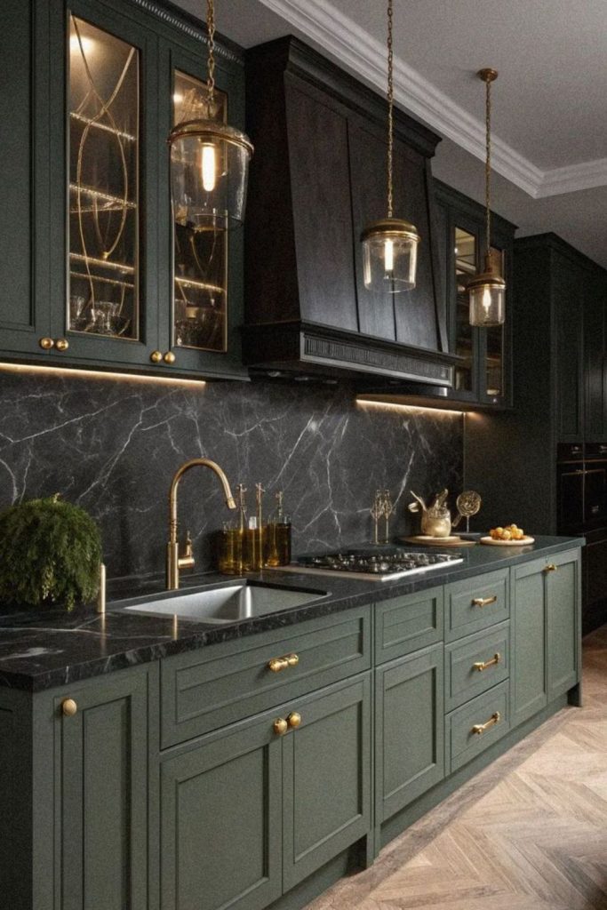 Moss green modern kitchen cabinetry style.