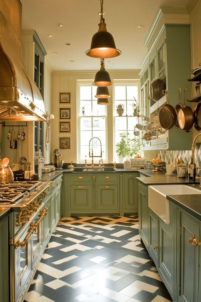 Green moss tiles antique kitchen