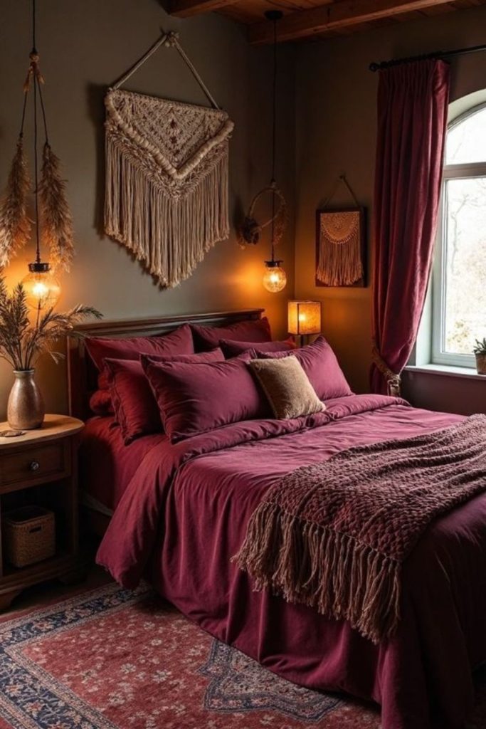 Eclectic boho burgundy bedroom relaxed vibe