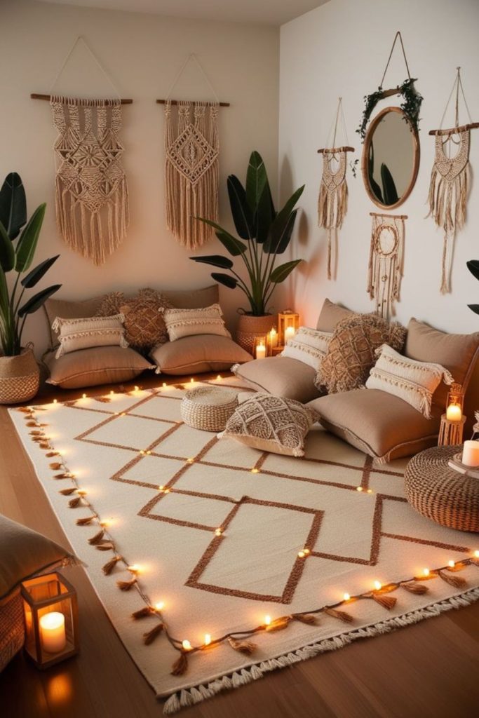 Lanterns floor cushions hanging greenery