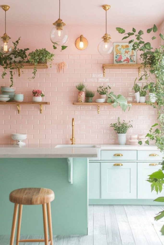 Retro-inspired pastel kitchen with brass touches