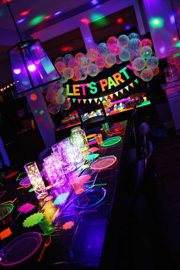 Bright neon decorations and balloons