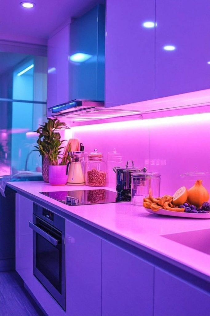 Vibrant neon lights illuminating cabinets with color.
