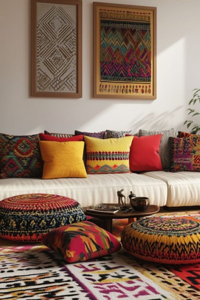 Layered rugs eclectic pillows playful decor