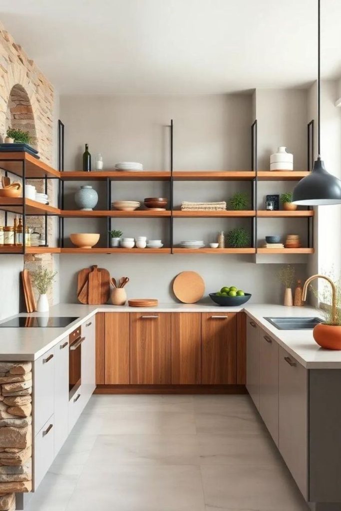 Angled floating shelves forming dynamic visual intrigue.