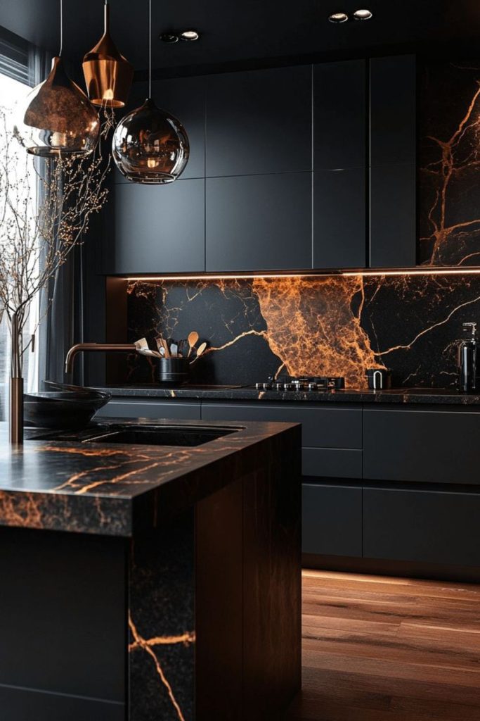 Black volcanic glass backsplash reflecting subtle lights.