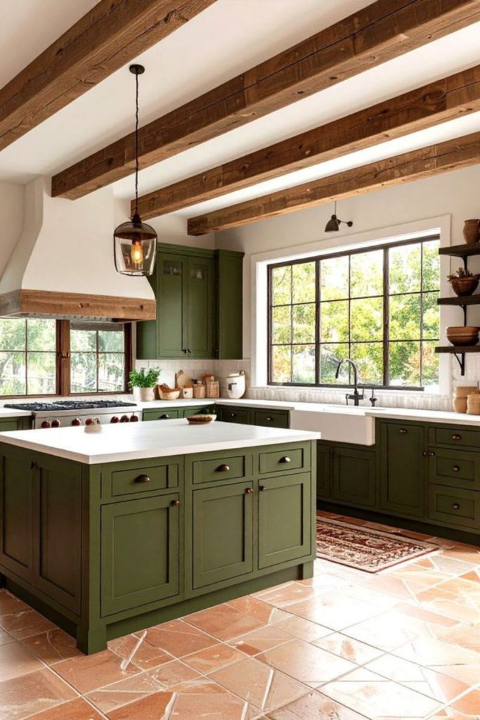 Olive green cozy family kitchen design.