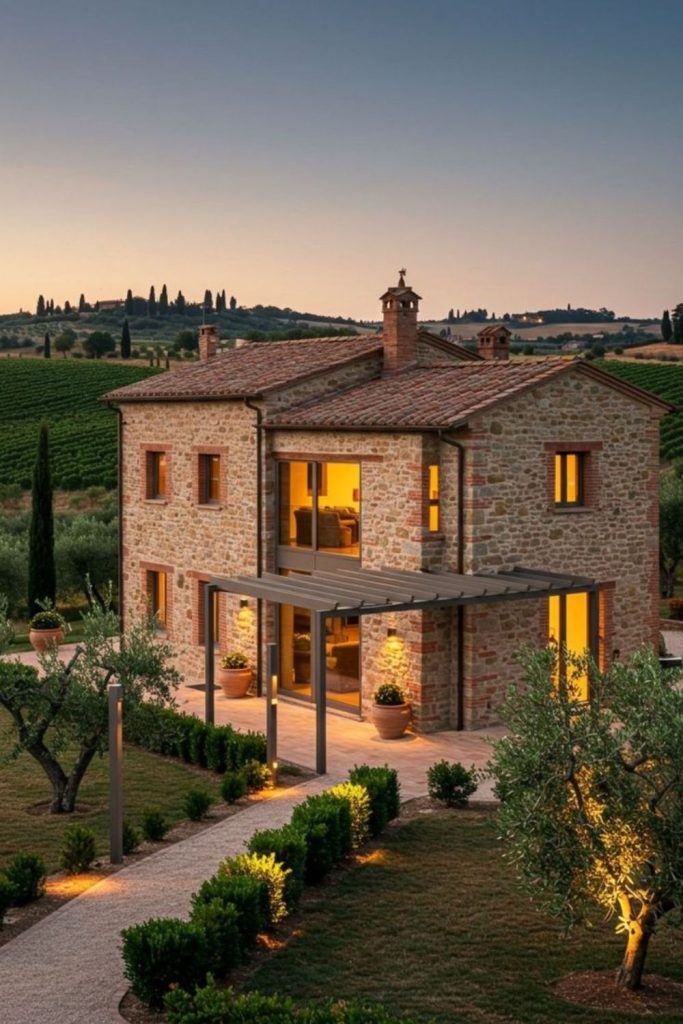 Olive grove surrounding stone villa