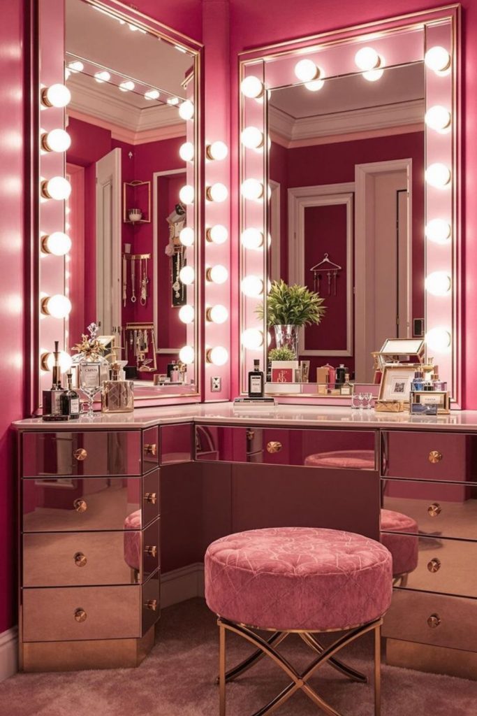 Fuchsia glam room with mirrored vanity.
