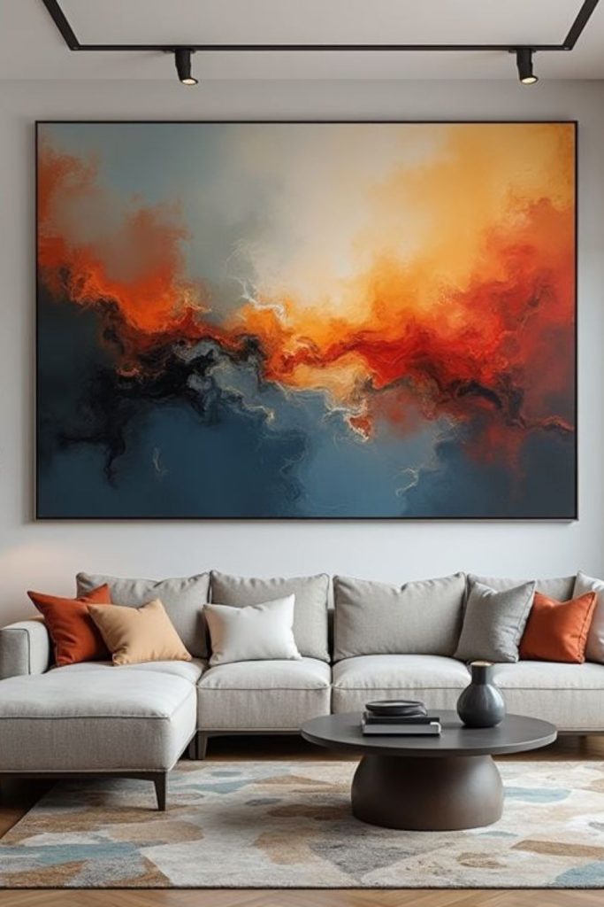Large abstract canvas covers entire wall boldly.