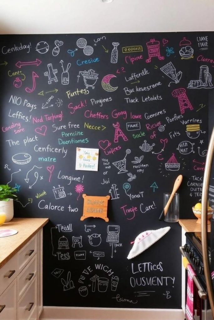 Wall chalkboard filled with spontaneous colorful sketches.