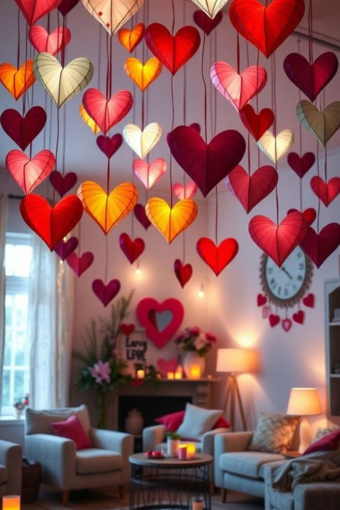 Chandelier crafted from layered paper hearts.