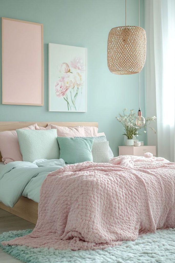 Mint peach walls, low playful furniture