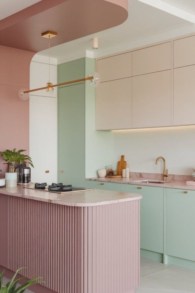 Pastel tone compact open kitchen
