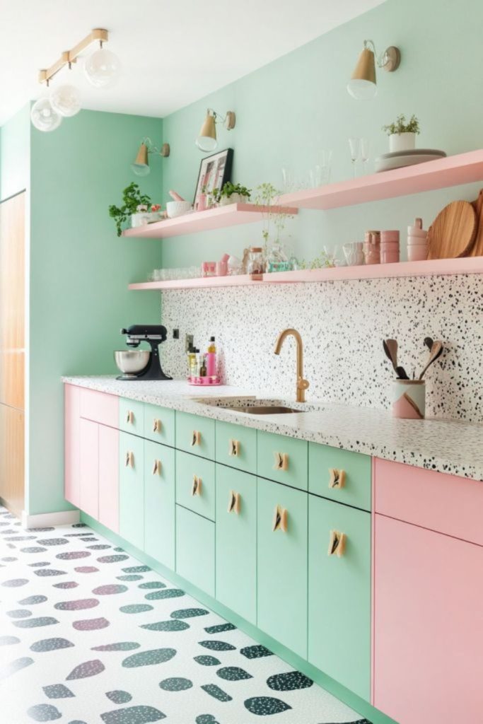 Colorful geometric pastel-themed kitchen design