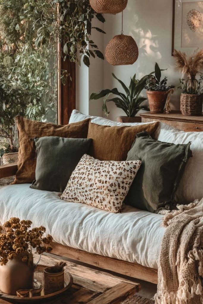 Mismatched cushions and throws on sofa
