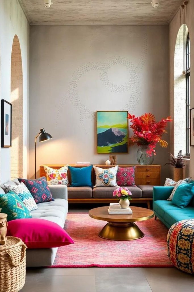 Eclectic patterned cozy linen furniture.