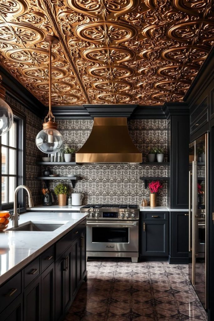 Decorative embossed tin ceiling with vintage flair.