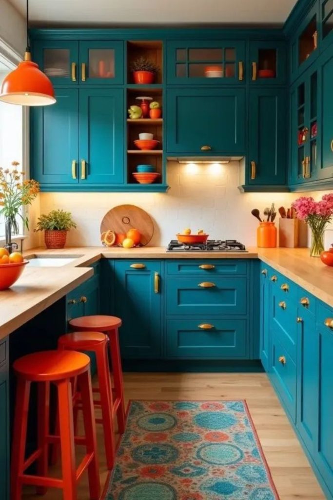Peacock teal fuchsia lime kitchen
