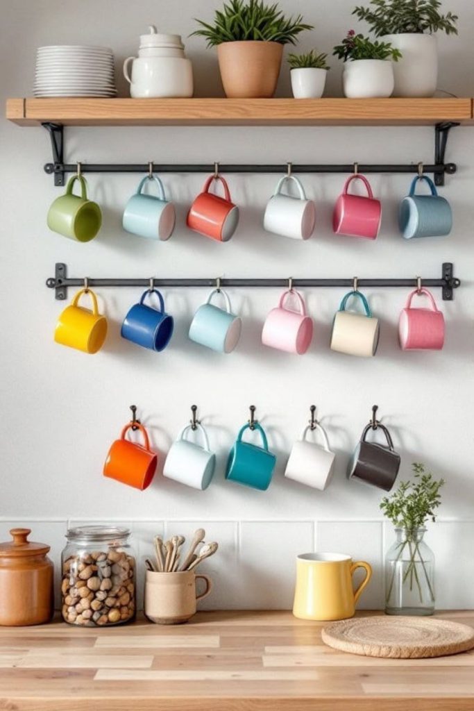 Staggered mugs arranged on decorative pegs.