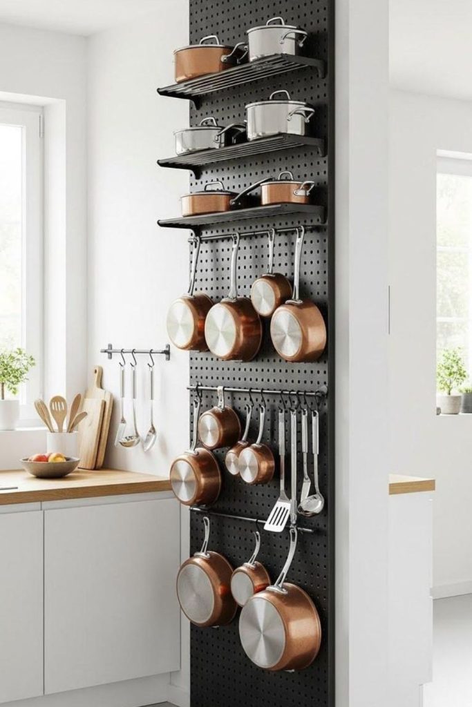 Pans hang vertically creating organized display.