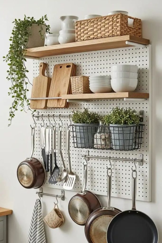 Pegboard hooks hold utensils vertically efficiently.