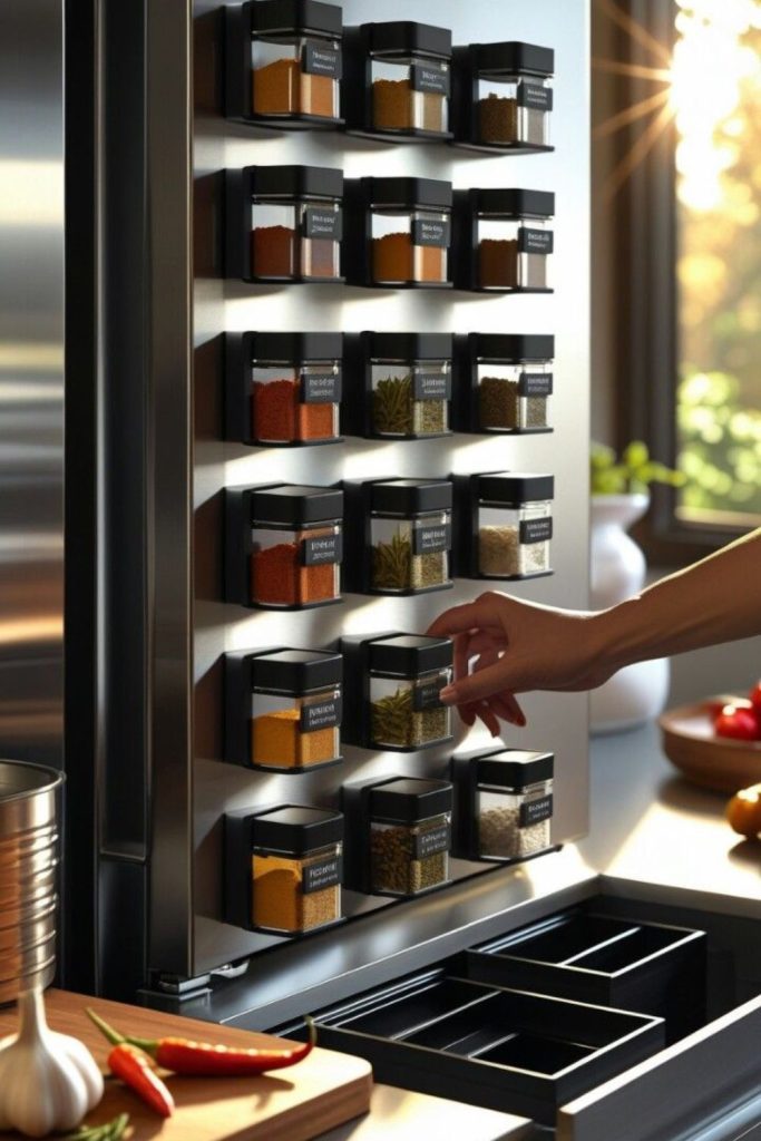Pegboard spices arranged rhythmically for access.