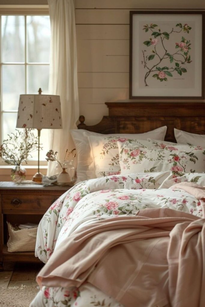 Peony print bedding with vintage mirror