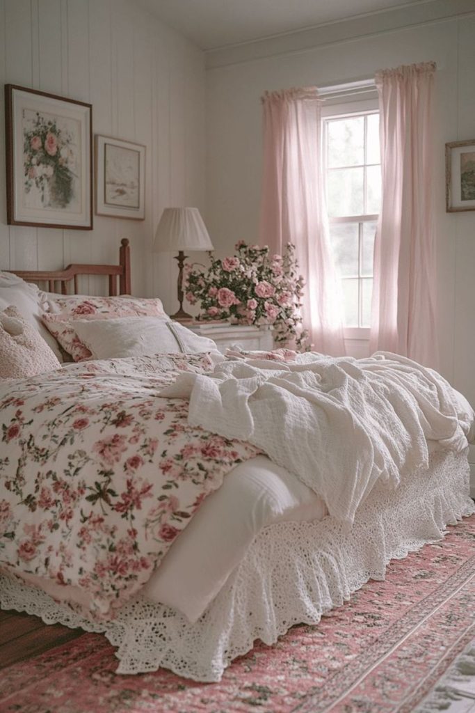 Blush quilt nook by arched window