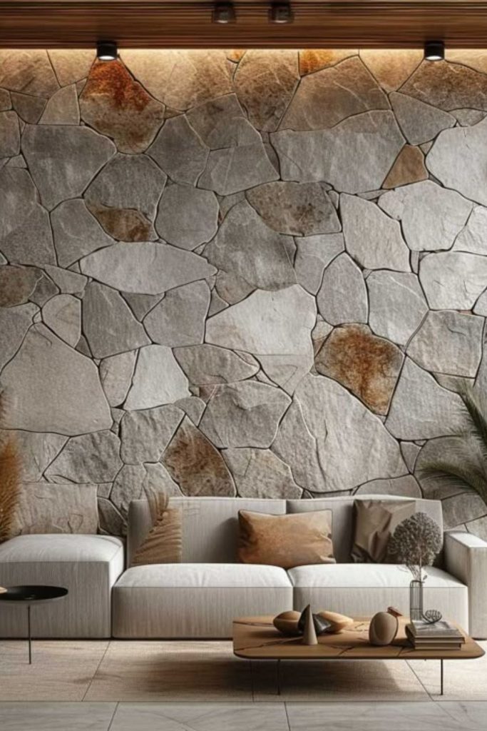 Stone surfaces showcase fossil-like natural patterns.