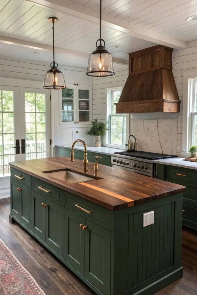 Pine green warm chalet style kitchen.