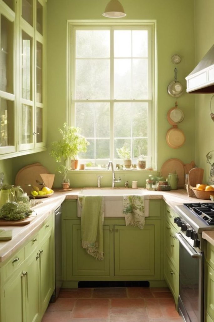 Pistachio green playful bright kitchen space.