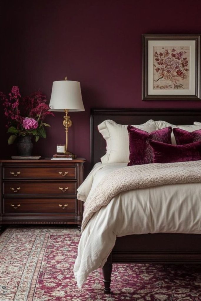 Plum moody velvet cozy vintage bedroom.