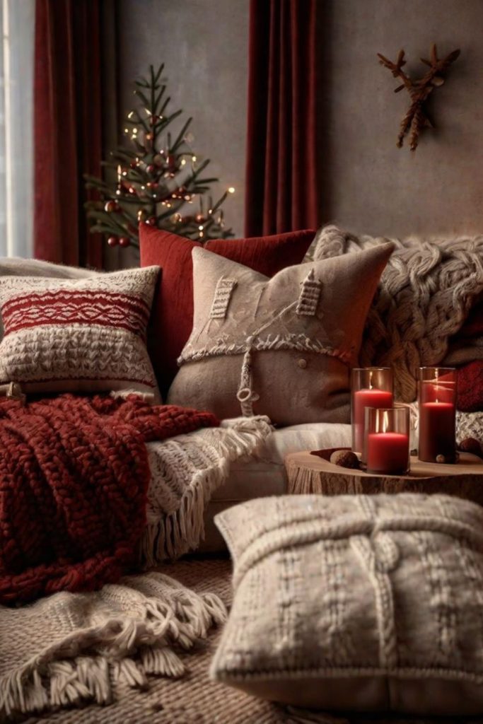 Cozy red throws layered on sofa.
