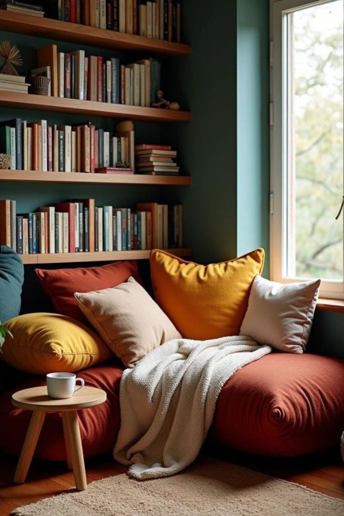 Pillows, bookshelves, small cozy reading nook