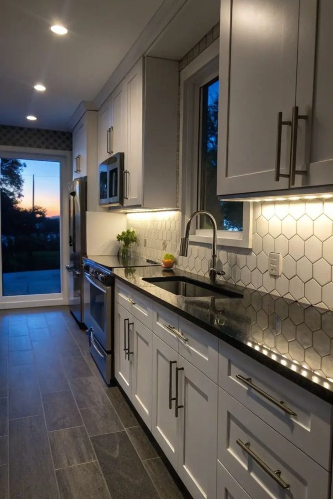 Polar white cabinets frame night black.
