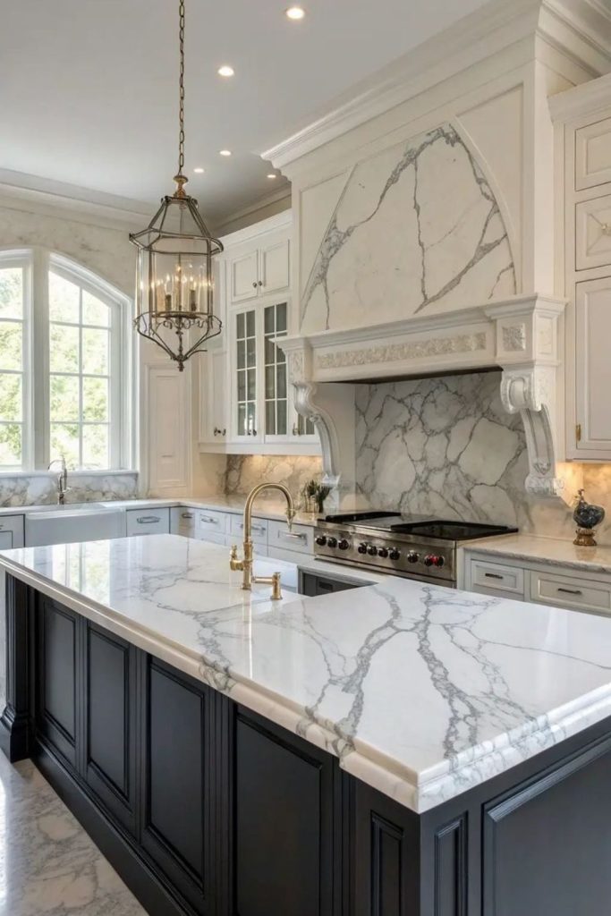 Elegant marble counters with bold vein patterns.