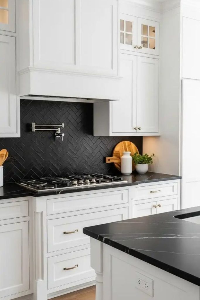 Porcelain cabinets paired with dark counters.