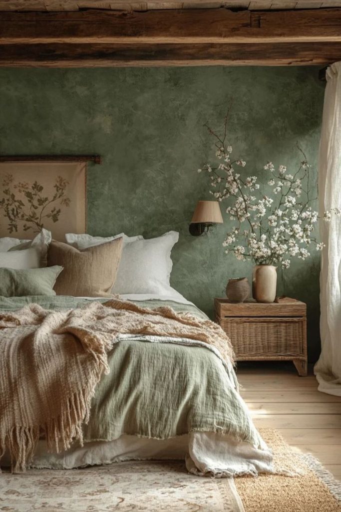 Sage green calm farmhouse vintage bedroom.