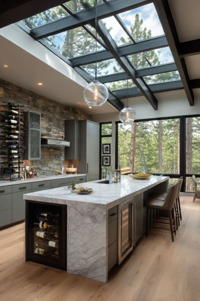 Prairie-style kitchen with expansive windows