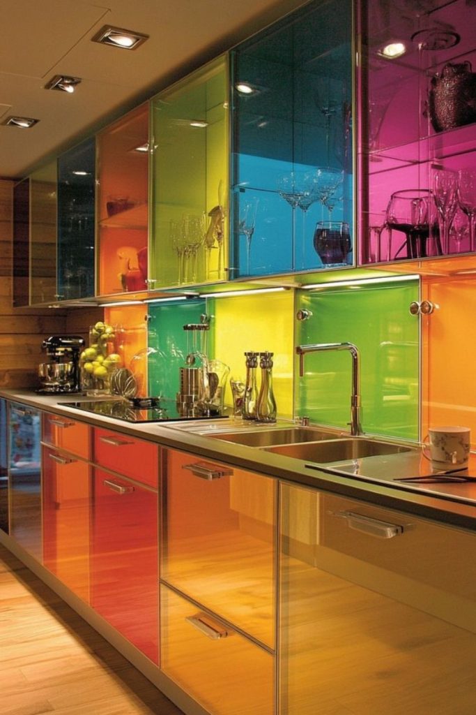 Rainbow-reflecting glass cabinet creating playful kaleidoscope.