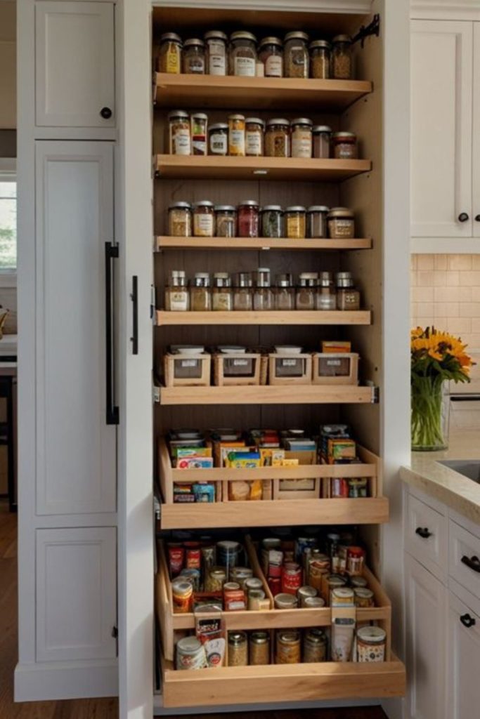 Sliding shelves reveal dry goods quickly.